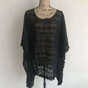 R Cinco Ranch Sheer Black Coverup Top Size Medium Fringe Resort Beach